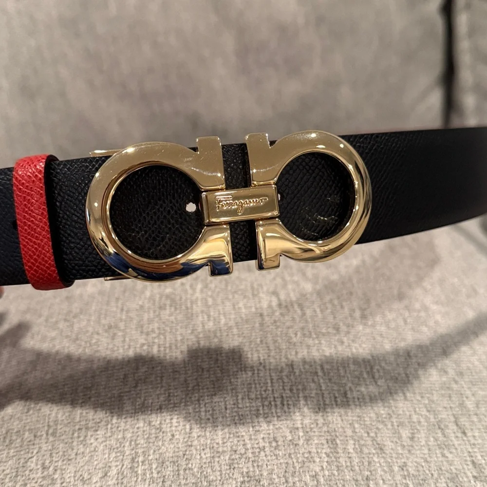 Salvatore Ferragamo Gancini Reversible Red Black Leather Belt Gold Buckle